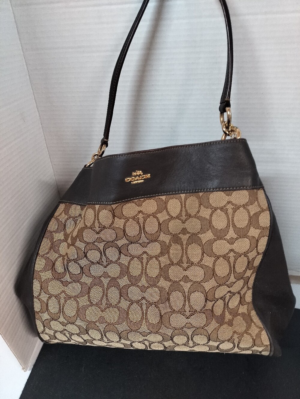 Coach Lexy Brown Leather Signature Jacquard Shoulder Bag